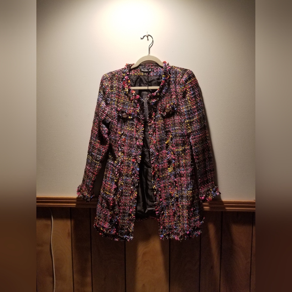 👙Anthropologie inspired Yi Mei Ni tweed multi colour open long jacket